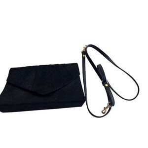 Vintage Black Suede Envelope Clutch With Detachable Strap